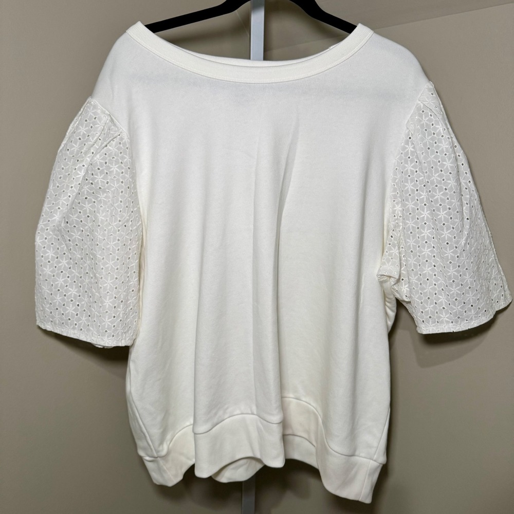 GAP Womens White Short Sleeve Sweatshirt Eyelet Lace Puff Sleeve Crew Neck‎